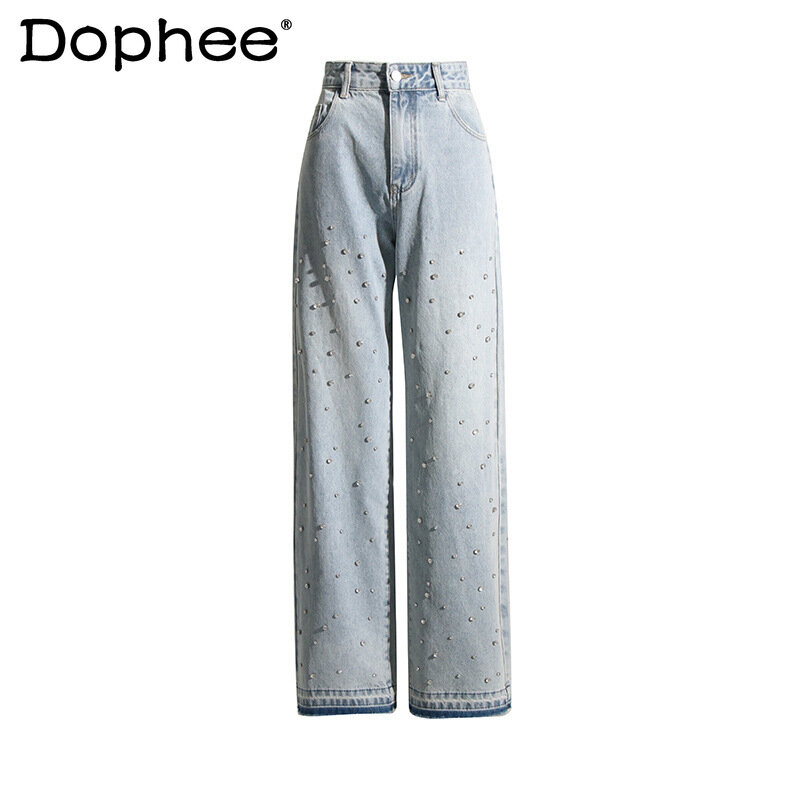 Heavy Industry Beads High Waisted Jeans Women 2024 Spring New Fashionable Temperamental Baggy Straight Pants Denim Trousers