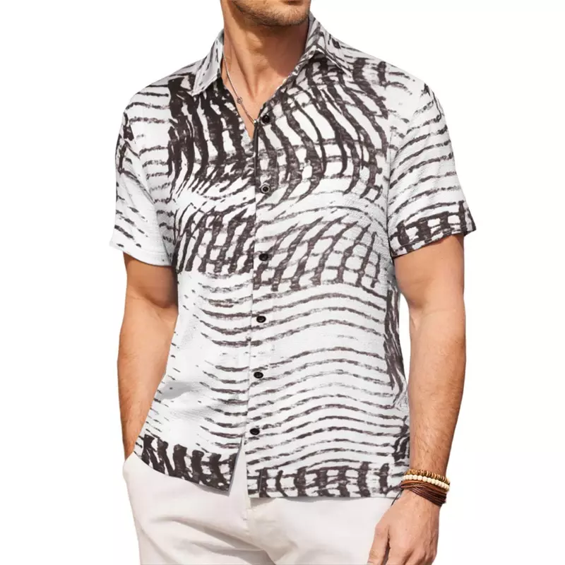 เสื้อเชิ้ตผู้ชายฮาวายแขนสั้นมีปกพิมพ์ลายฤดูร้อนสไตล์ใหม่ที่เรียบง่ายระบายอากาศได้แบบลำลองและใส่สบาย