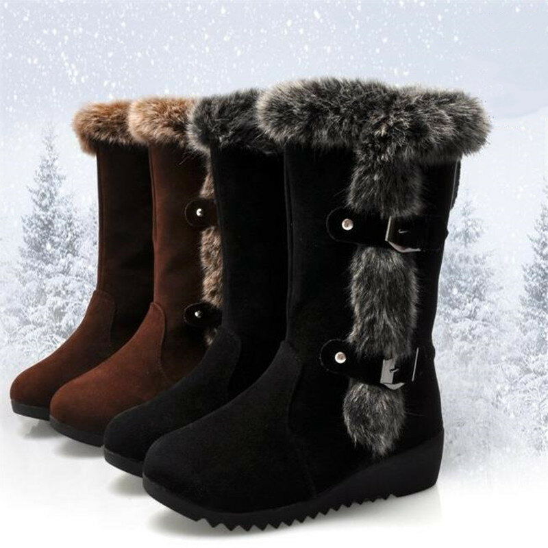 ผู้หญิงฤดูหนาวใหม่รองเท้าสบายๆ Warm Fur กลางลูกวัวรองเท้าบูทรองเท้าผู้หญิง Slip-On Toe Wedges Snow รองเท้า Muje ...