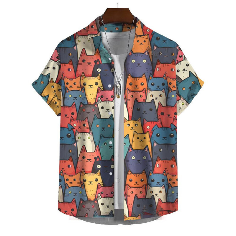 Camisa 3D engraçada com estampa de gato fofo masculino, roupa casual masculina, tops de manga curta, camiseta grande solta, verão