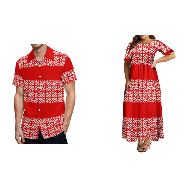 2024 New Woman Medium Sleeve Round Neck Dress Man Hawaii Short Sleeve Shirt Couple Matching Polynesian Wear Samoa Style