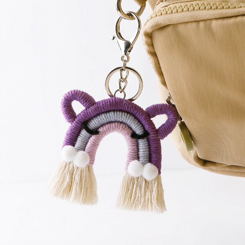 Arco-íris bonito tecelagem borla chaveiro, chaveiro do carro titular, saco, carteira, bolsa decorações, gato