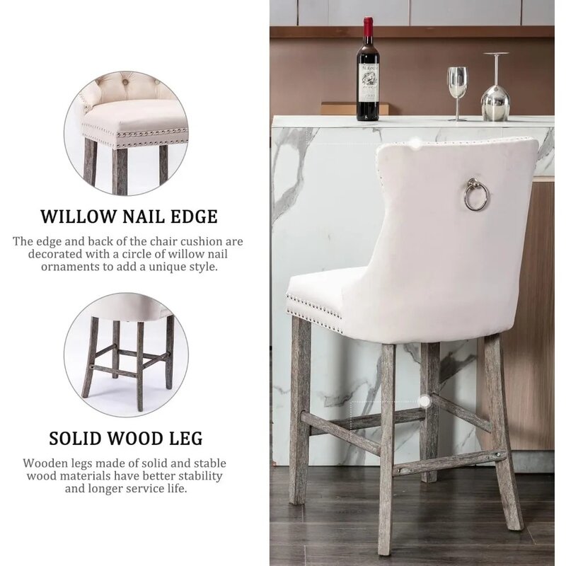 Velvet Bar cadeira conjunto de 2, balcão altura barstool com botão, decoração Nailhead guarnição, perna de madeira maciça e estofados, bar cadeira