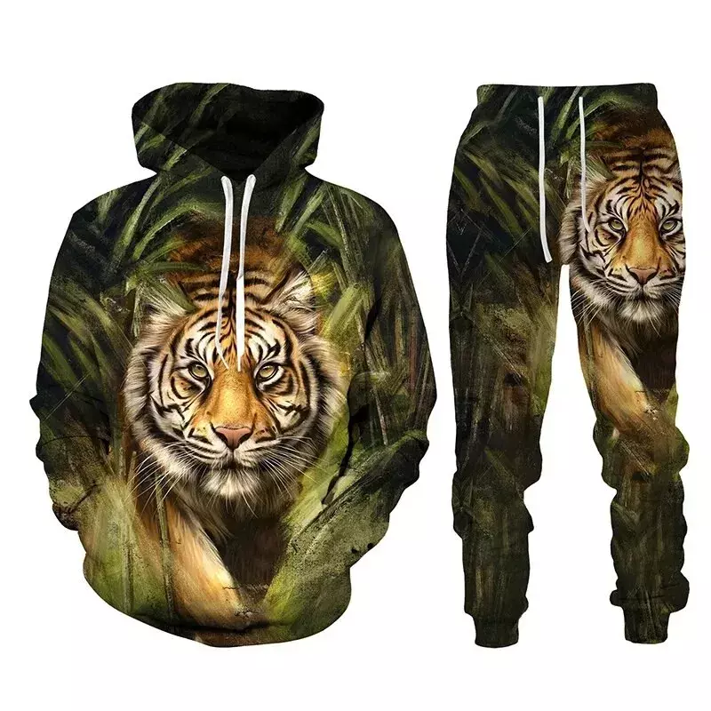 Setelan Hoodie pria motif hewan harimau, celana panjang Hoodie kasual bertudung untuk pria