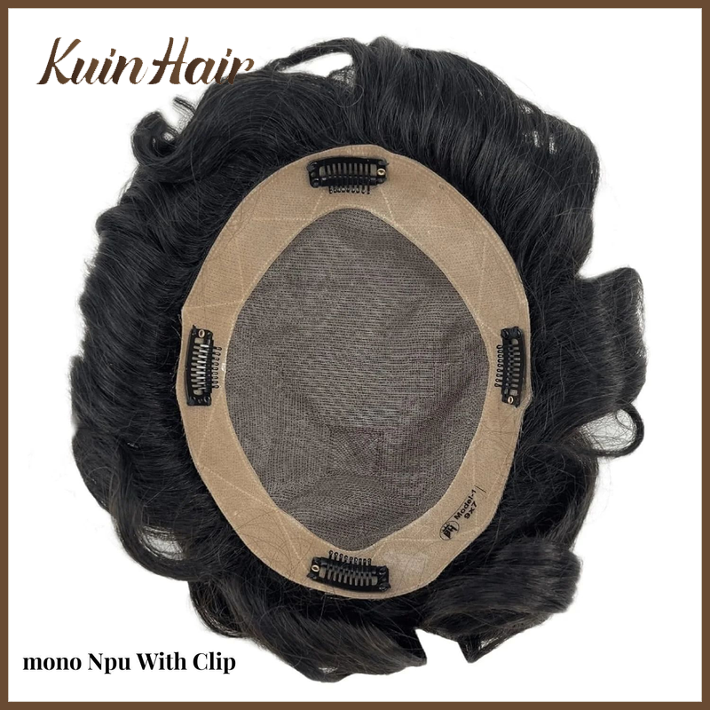Clip-On Fine Mono NPU prostesis pria tahan lama Wig rambut palsu Natural 100% sistem penggantian rambut Remy India