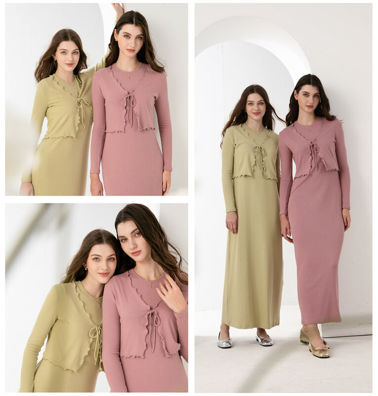 Sebagai 2024 pakaian wanita musim panas cardigan selada + Gaun Ruffle Set Maxi serat alam merek kain ribbing (dikirim dalam 24 jam)