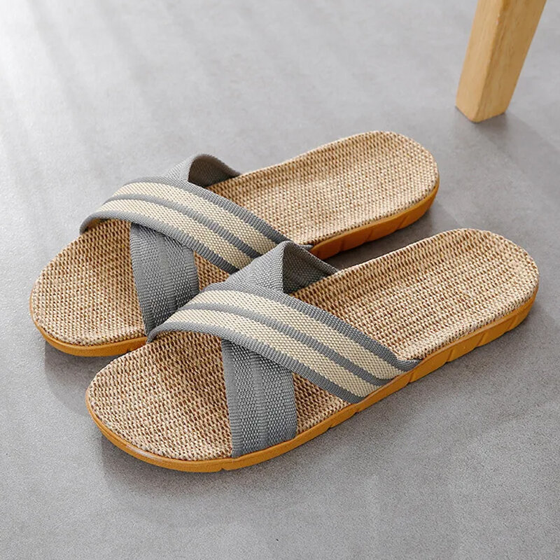 Buty męskie kapcie lniane domowe z wystającym palcem płaski but kapcie plażowe w paski, splatany gumowe sandały Zapatillas Hombre