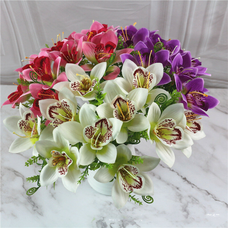 10Pcs/Bouquet Artificial Orchid Flore White Silk Fake Orchid Flower DIY Wedding Back Road Home Desk Vase Accessories Faux Flores