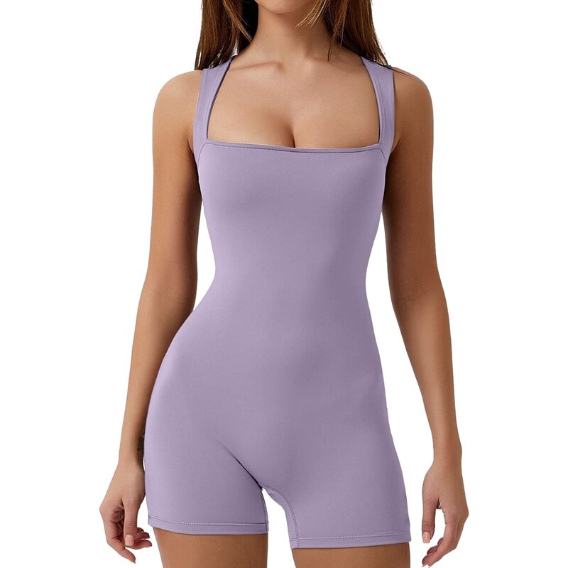 Women's Square Neck Tank Tops Tight Fitting Stretch Shorts Jumpsuit New Solid Color High Waist Slimming Fit Sports Yoga Rompers
