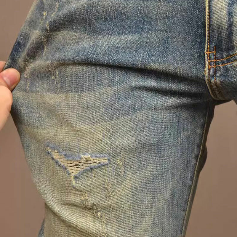 Celana Jeans sobek untuk pria, celana Denim pas badan elastis biru Retro, celana Jeans sobek Vintage kualitas tinggi, celana Denim pria