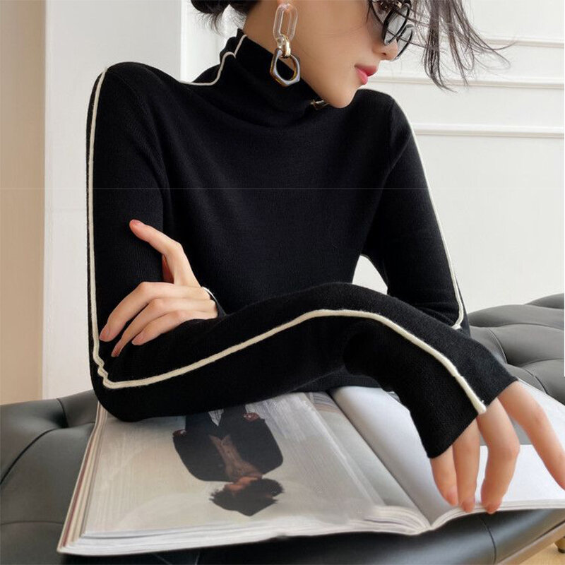 Jersey de cuello alto a rayas para mujer, suéter de punto cálido, elegante, coreano, oficina, diseño Simple, primavera y otoño, Y2K