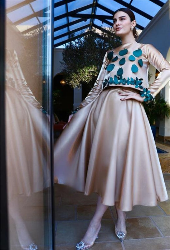 Sukienka na studniówkę Arabia saudyjska proste, nowoczesne, formalne wieczorowe aplikacje z okrągłym dekoltem o-line satynowe sukienki na okazje