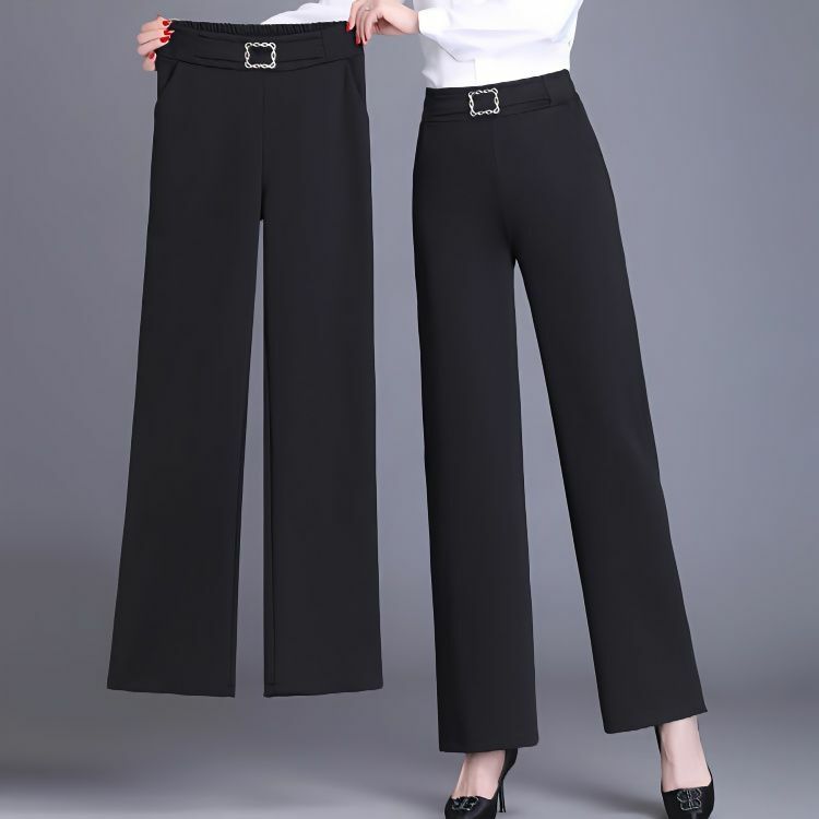 Лето 2023, стрейчевый костюм, прямые брюки с широкими штанинами, брюки с высокой талией, укороченные женские брюки, драпированные офисные женские Костюмные брюки