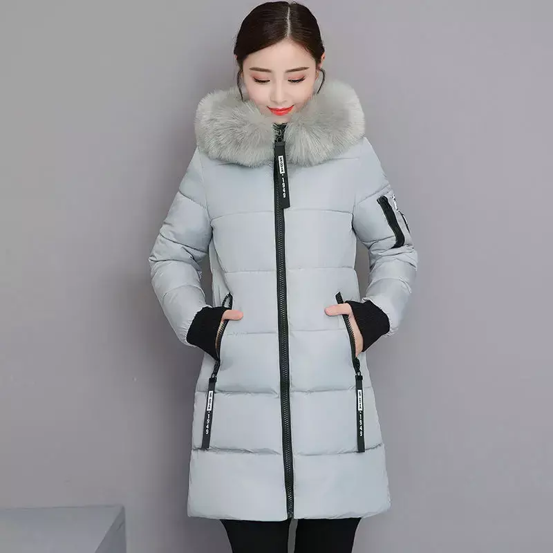 Inverno roupas femininas meados de comprimento algodão casaco coreano moda casaco grande gola de pele casaco manter quente ajuste fino com capuz designer