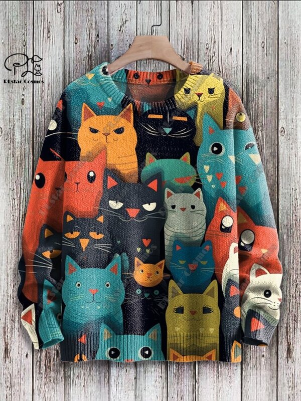 PLstar Cosmos-suéter con estampado 3D de animales para hombre y mujer, suéter con estampado divertido de gato, suéter feo informal de calle para invierno, M-10 unisex