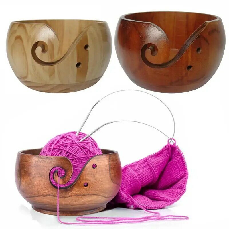 6 inch handmade wooden bowl with for knitting and crocheting