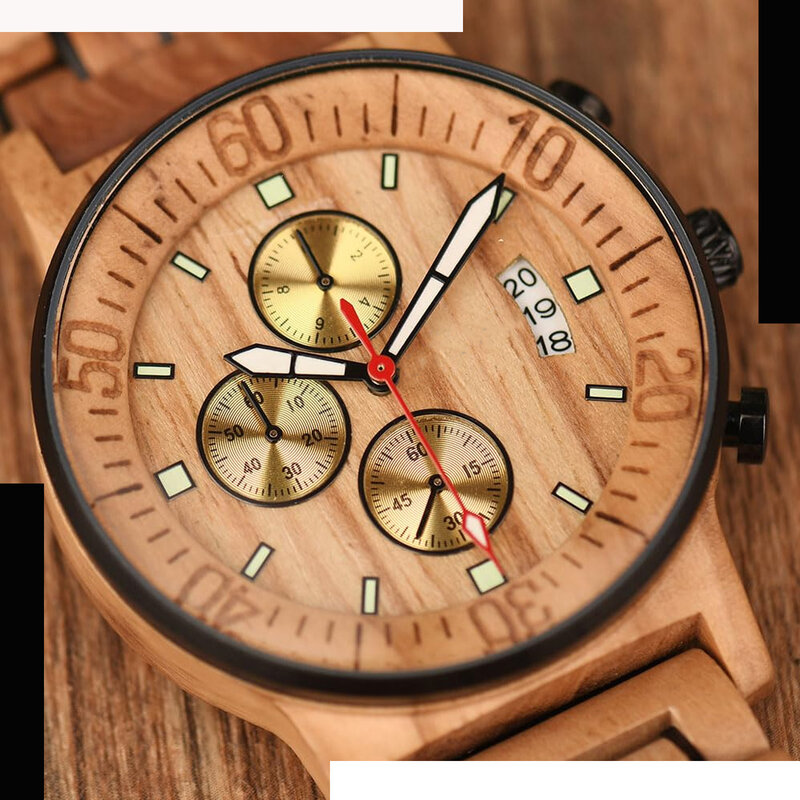 Drewniane zegarki męskie, japoński kwarc ze stali nierdzewnej i drewniany zegarek oliwkowy analogowy chronograf kalendarz ze świecącymi dłońmi