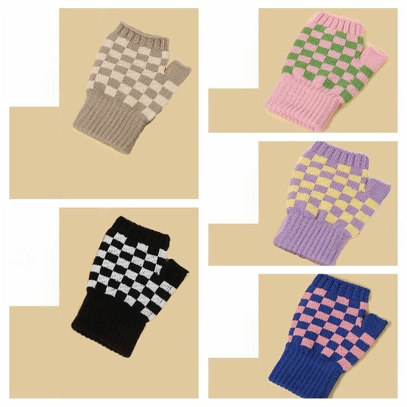 Luvas femininas de xadrez tricotadas sem dedos, luvas quentes de meio dedo, escrita estudantil moda, outono, inverno