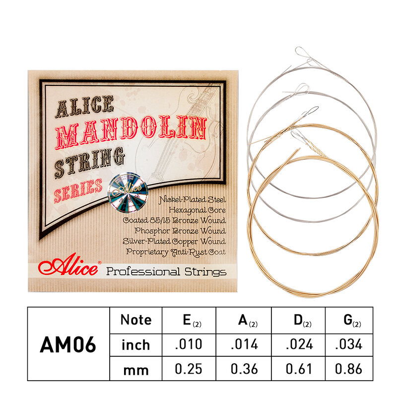 Alice-cuerdas de mandolina de cobre recubiertas de plata, núcleo de acero inoxidable de larga duración, AM03/AM05/AM06/AM08, 1/5 paquetes