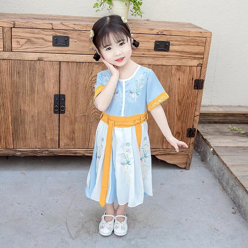 New Chinese Style Vintage Embroidery Girl Hanfu Short Sleeve Lovely Fairy Princess Skirt Party Evening Performance Dress Vestido