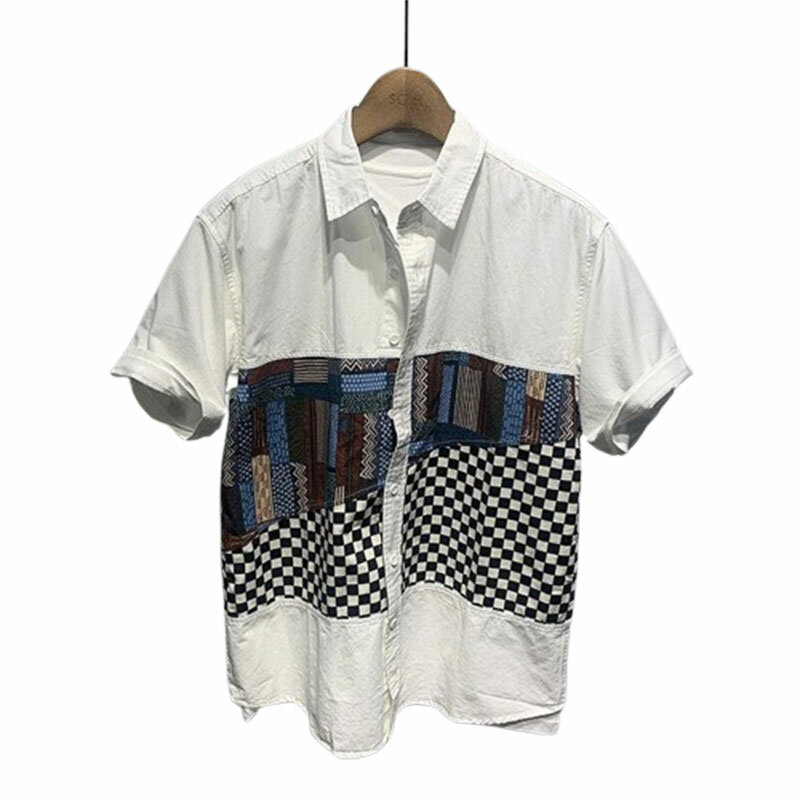 Elegant Fashion Harajuku Slim Fit Male Clothes Loose Casual Sport All Match Tops Square Neck Printed Button Short Sleeve Blusa