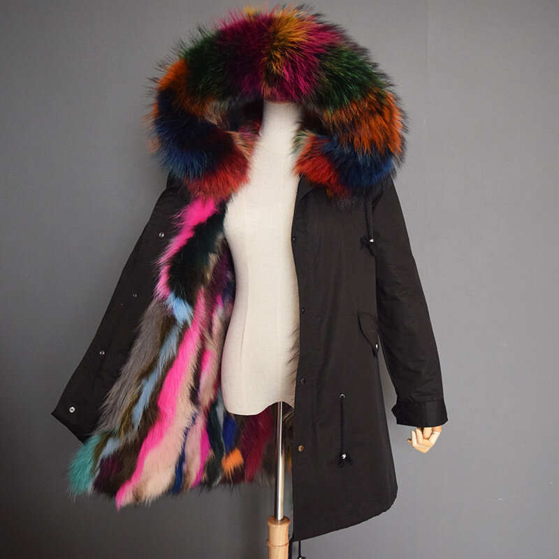 女性のための本物の毛皮のコート,長いパーカー,自然なアライグマの襟,厚いフード,暖かいキツネの毛皮の裏地,冬のジャケット,2024