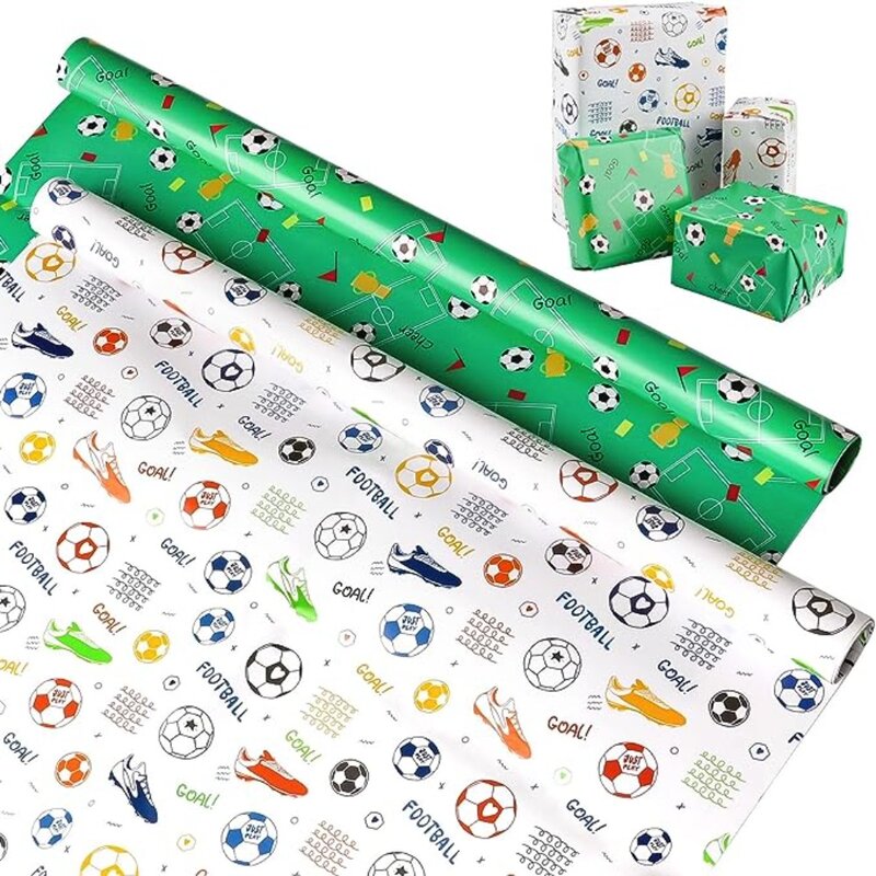 Cartoon Style Gift Embrulho Papel, Papel Revestido, Embalagem Padrão De Futebol, Colorido, Aniversário, Meninos, 50x70cm