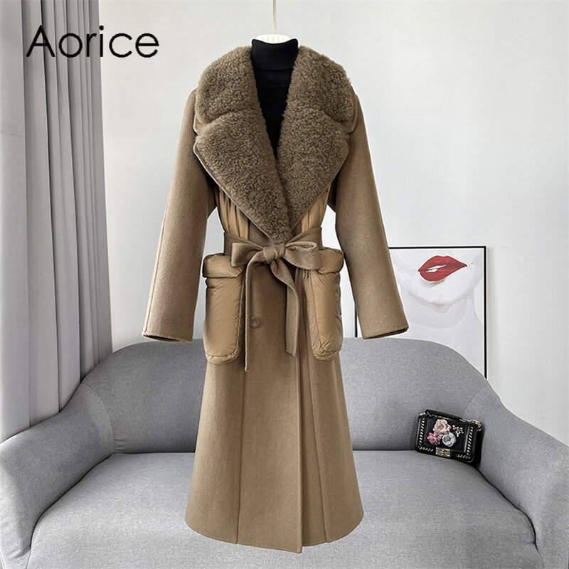 Aorice – veste longue en laine pour femme, manteau d'hiver en duvet, avec col en fourrure de mouton, grande taille, Parka, Trench, CT2155