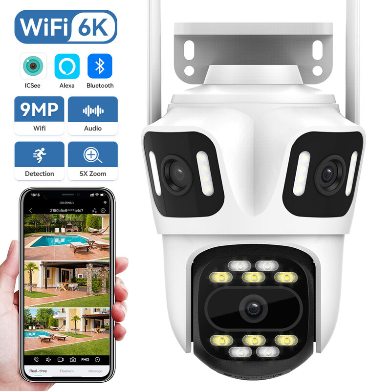 Беспроводная уличная камера видеонаблюдения с тремя объективами, 6K HD PTZ Wi-Fi IP-камера с двойным объективом и двойным экраном, 4K Автоматическое отслеживание, ICsee