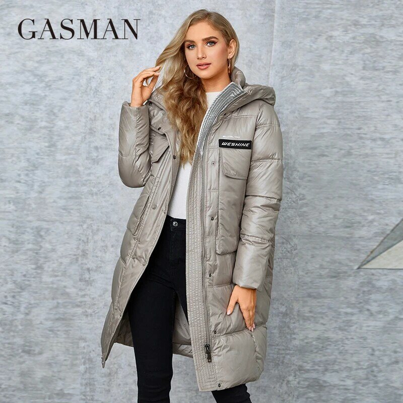 Женский длинный пуховик GASMA, зимний Классический пуховик на молнии с поясом и карманами, приталенные парки с капюшоном, Женское пальто