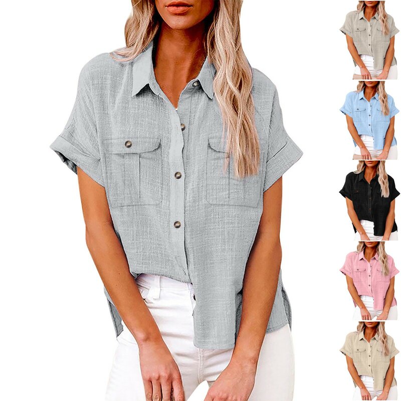 Camisa feminina de botão de manga curta, blusa feminina com bolsos com aba, plus size, sólida, gola virada para baixo, blusa casual