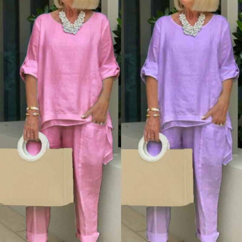Conjunto elegante de dos piezas para mujer, camiseta de manga larga, pantalones holgados de Color puro