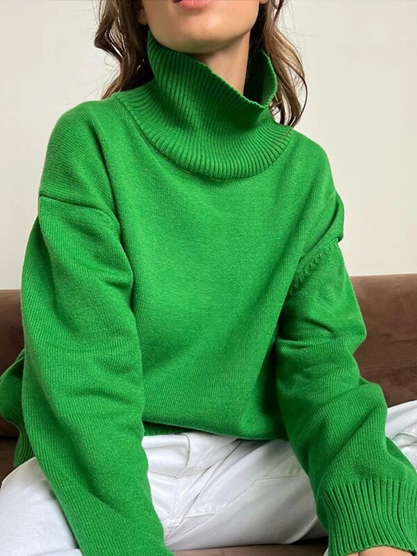 Suéter holgado de manga larga para mujer, Jersey informal de punto con cuello alto, suéteres de gran tamaño sólidos cálidos para otoño, 2022