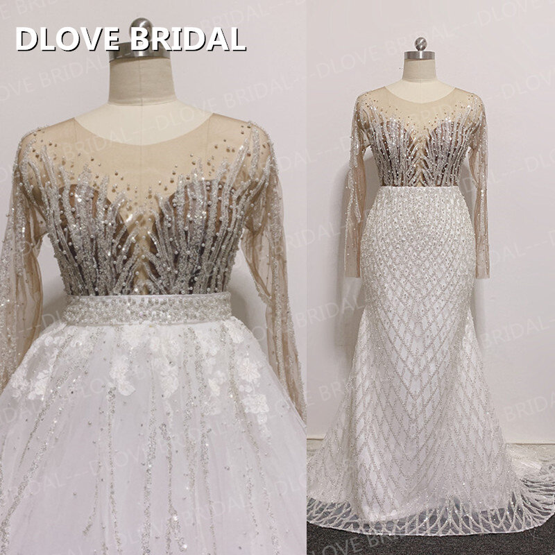 Robe de mariée sirène deux en un de luxe, jupe amovible, robe de patients, dentelle perlée, manches longues, poignées, haute qualité, vraies photos