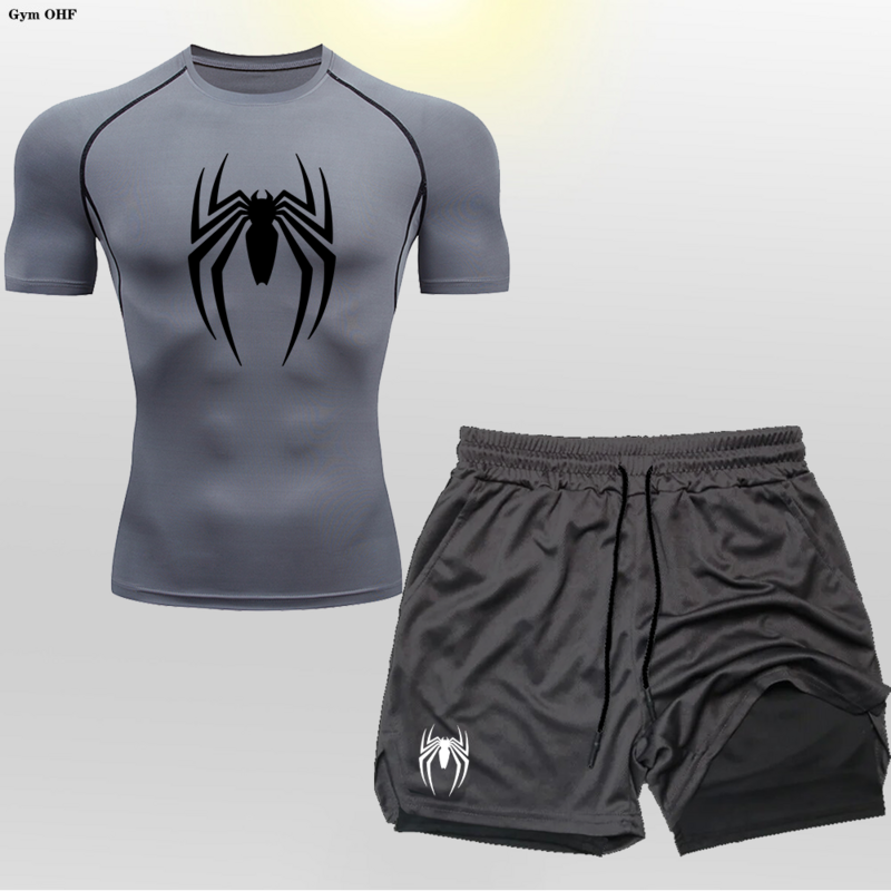 Quick Dry Running T-shirt e Shorts Set para Homens, Rashgard Fitness Sport Shirt, Superhero Set, Gym Vestuário, 2 em 1
