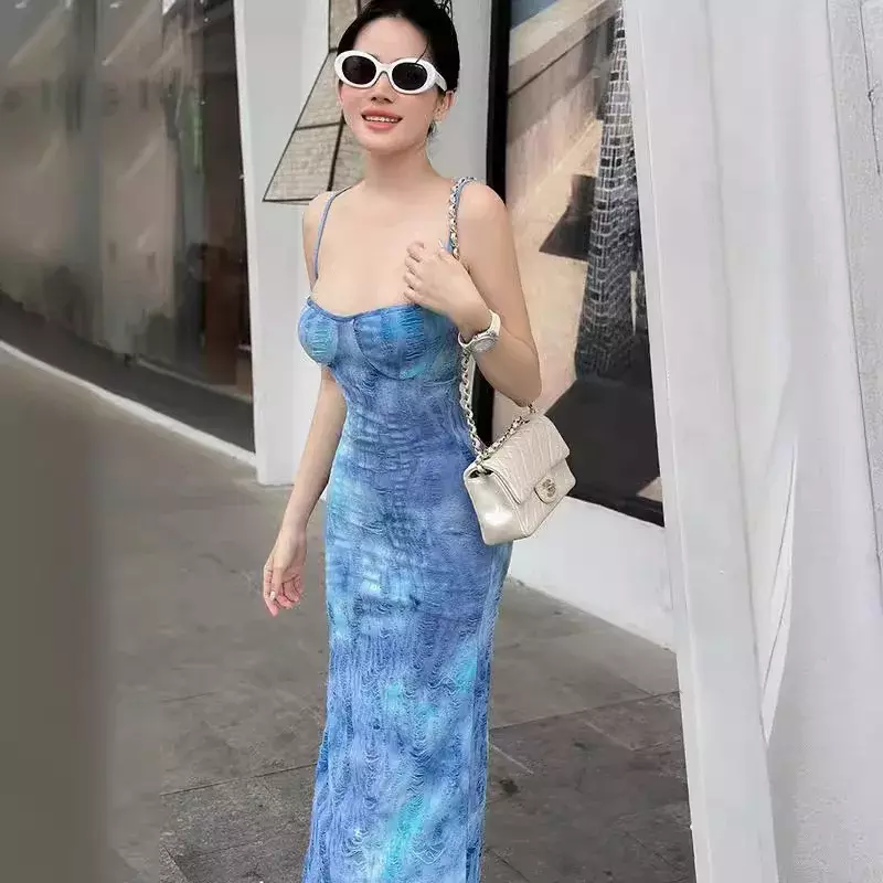 Vestido de suspensão elegante Tie Dye para mulheres, impresso com elementos chineses, saia longa, vestido de emagrecimento feminino, CSM78-4
