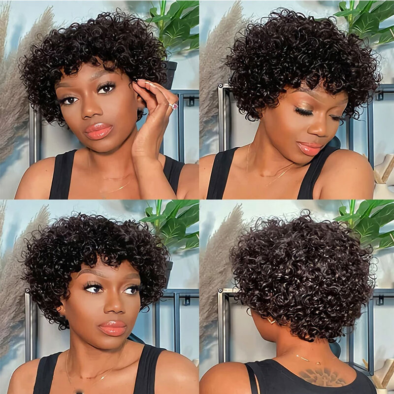 Wig potongan Pixie pendek untuk wanita 180% ketebalan warna hitam mesin penuh dibuat keriting wig Pixie rambut manusia rambut Remy Brasil