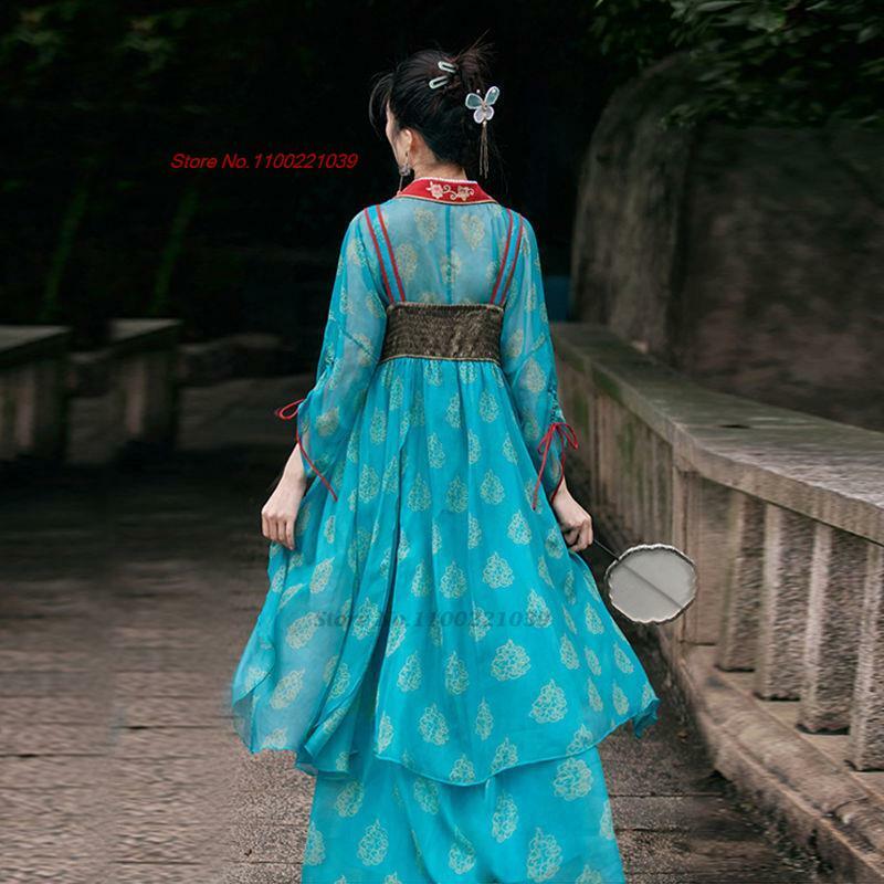 2024 kostium taneczny ludowa do chińskiego narodowego płaszcz + sukienka na ramiączkach zestaw starożytny kwiatowy sukienka księżniczka szyfonowa sukienka vintage hanfu