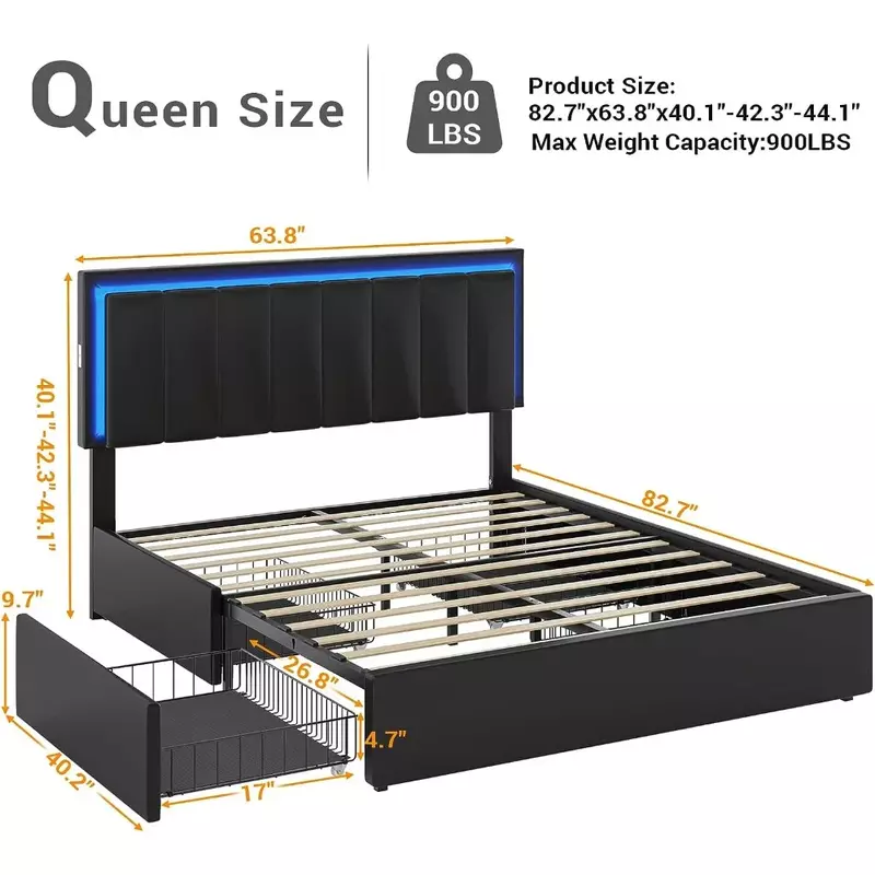 Queen Siz Bed Frame with 4 Storage Drawers, LED Light Queen Size Platform Bed with Charging Station, Leather Upholstered Bed