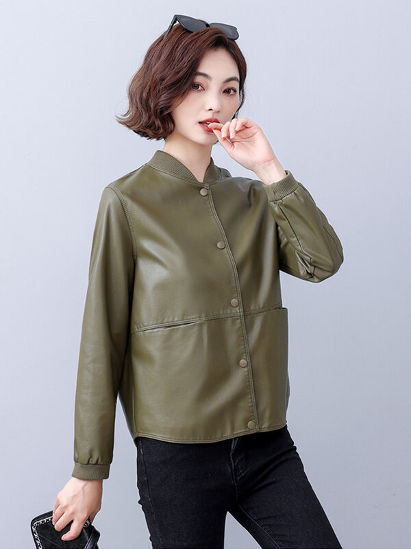 新しい 女性 カジュアルレザージャケット 春 秋 ファッションパッチワーク スタンドカラー シングルブレスト ルーズショートコート スプリットレザー