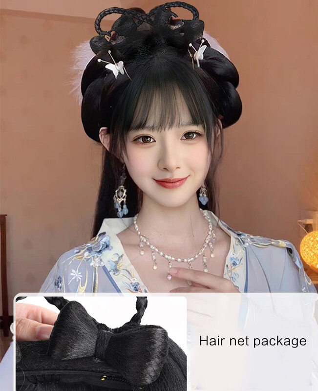 Sebagai Wig kuno Cina wanita Hanfu Wig hiasan kepala fotografi tari Wig aksesori hitam untuk wanita terintegrasi rambut bun