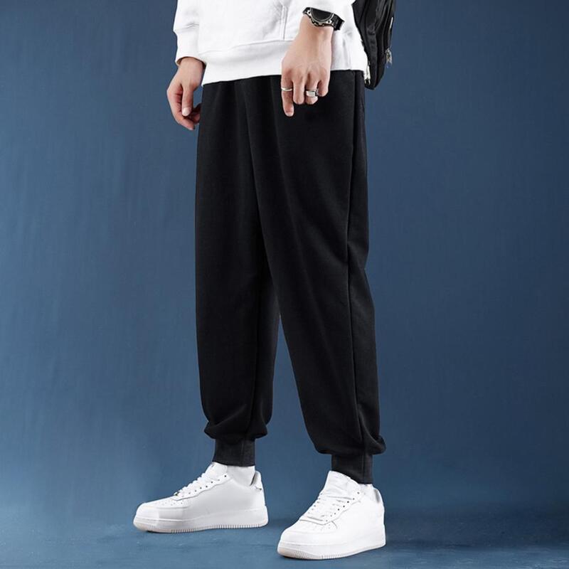 Solid Color Pants Warm Plush Men's Sweatpants Cozy Ankle Length Trousers with Elastic Waist Pockets for Fall/winter Adjustable