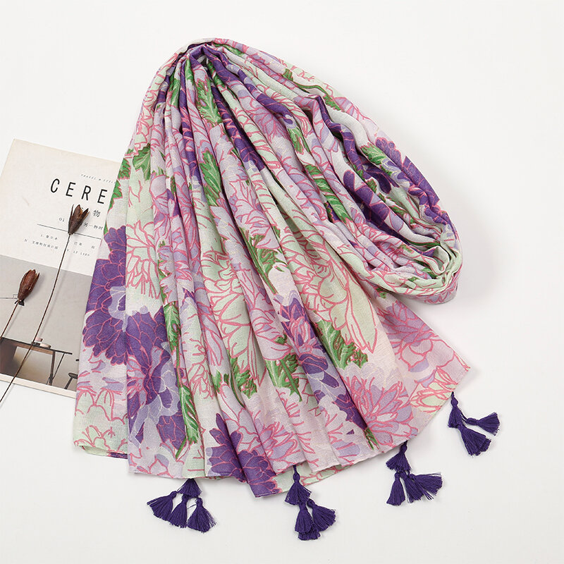 Châle Élégant à Imprimé Floral pour Femme, Hijab en Coton, Viscose, à la Mode, Longue Écharpe de Plage, Sauna, 180x90cm