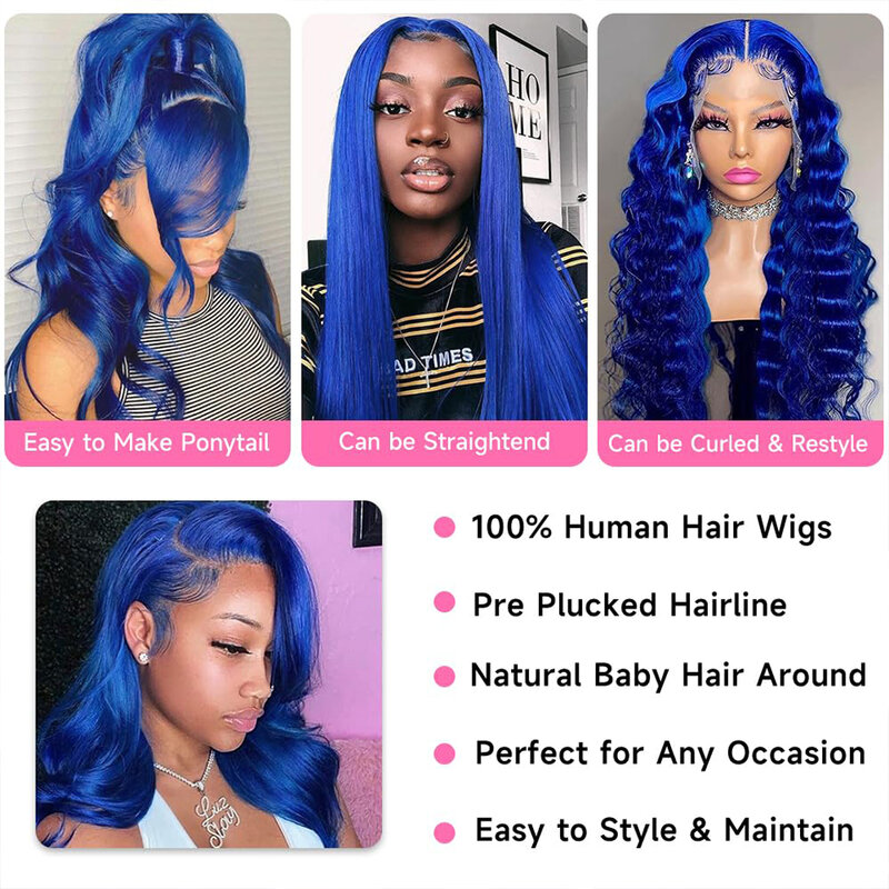 Peluca frontal de encaje azul, cabello humano 13x4 con encaje frontal, 200% de densidad, onda corporal de color, HD, transparente
