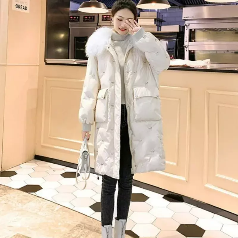 2024 nuove donne piumino cappotto invernale versione di media lunghezza parka allentato spesso caldo capispalla di grandi dimensioni cappotto con collo di pelliccia con cappuccio