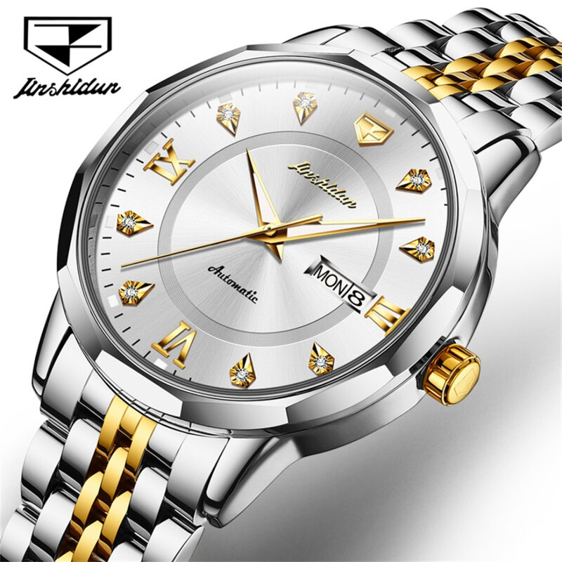 JSDUN 8948 jam tangan mekanis Fashion hadiah gelang jam baja tahan karat tampilan minggu dial bulat kalender bercahaya