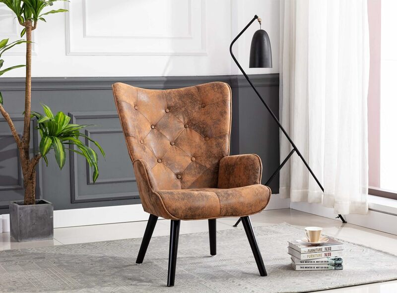 Dolonm rustikalen Akzent Stuhl Vintage Wingback Stuhl Mikro faser gepolstert Mitte des Jahrhunderts hohe Rückenlehne mit Armen Massivholz Beine