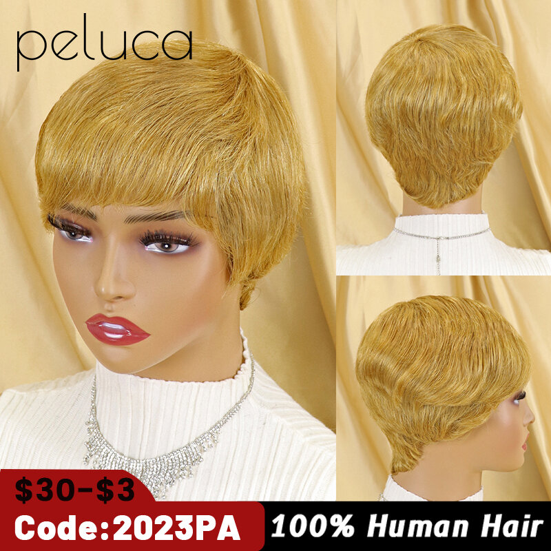 Peluca de cabello humano Remy para mujeres negras, pelo corto ondulado con corte Pixie, hecho a máquina, Color natural