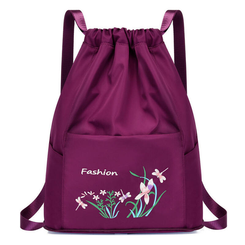 Mochila con cordón para mujer, bolsa de viaje multifunción, plegable, suave, impermeable, bolsa de gimnasio, bolsa deportiva de nailon, mochila bordada