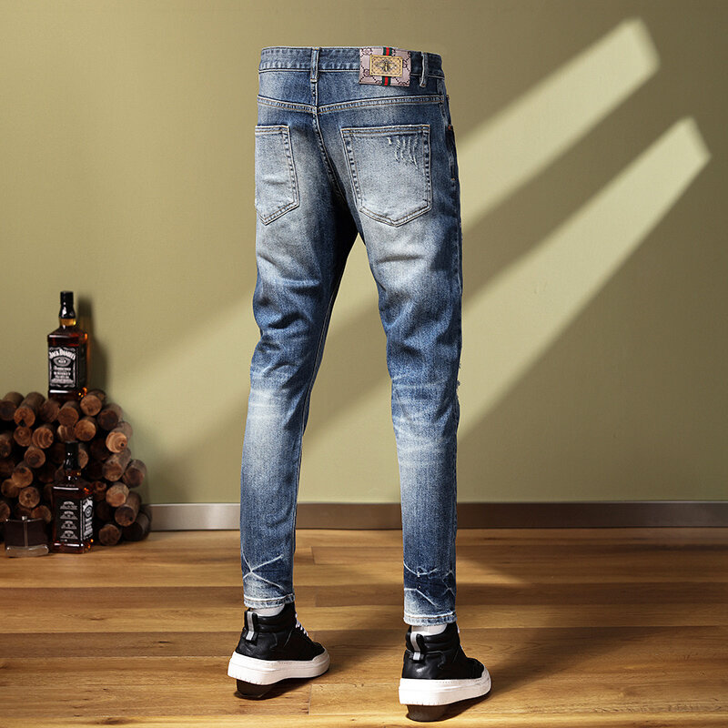 Джинсы мужские рваные в стиле ретро, уличная мода, эластичные рваные джинсы с вышивкой, винтажные дизайнерские штаны в стиле пэчворк, синие